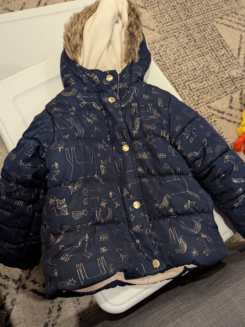 Carter's Navy Puffer Jacket with Gold Accents and Faux-Fur Hood Sz 4T
